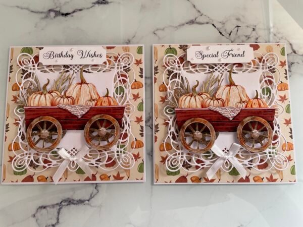 2 X Pumpkin Cart handmade card toppers 6x6"