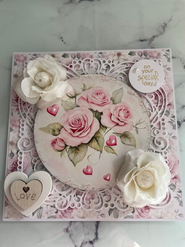 6x6" ON YOUR SPECIAL DAY Shabby Pink Roses Luxury Card Topper