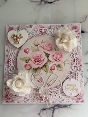 6x6" Luxury Shabby Pink Roses Birthday Card Topper