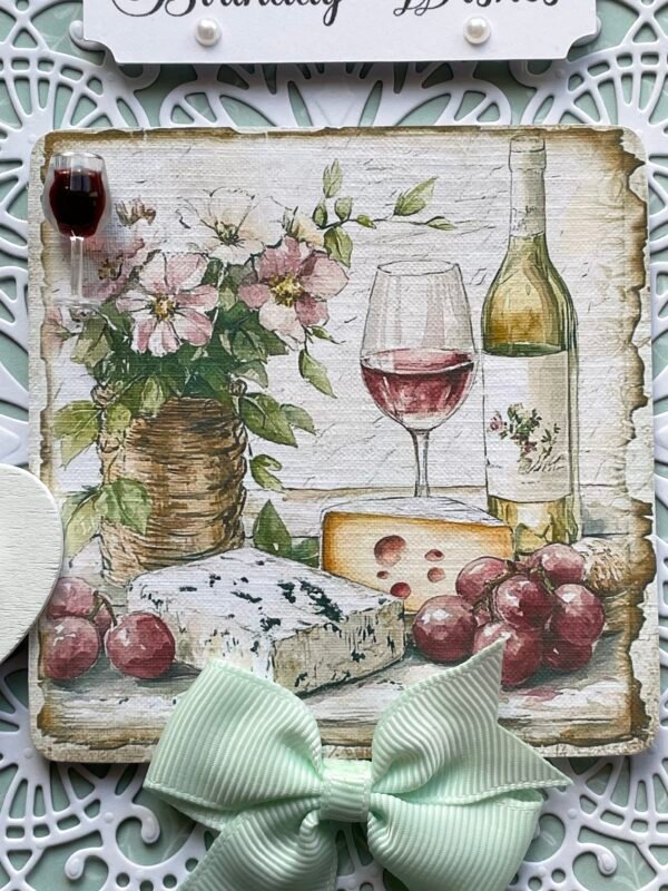 6x6" Handmade Birthday Card Topper CHEESE & WINE - Image 2