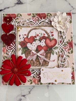 6x6" Luxury 3D Handmade Shabby Card Topper RED - BASKET OF HEARTS