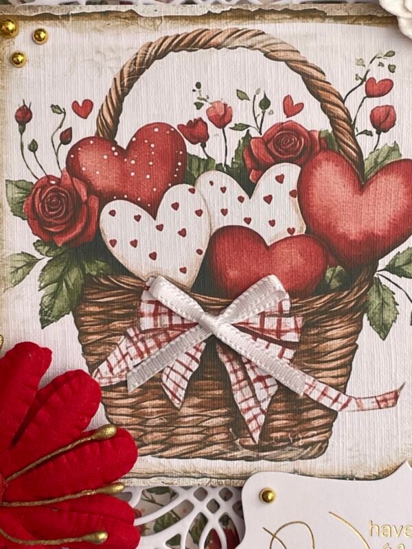 6x6" Luxury 3D Handmade Shabby Card Topper RED - BASKET OF HEARTS - Image 2