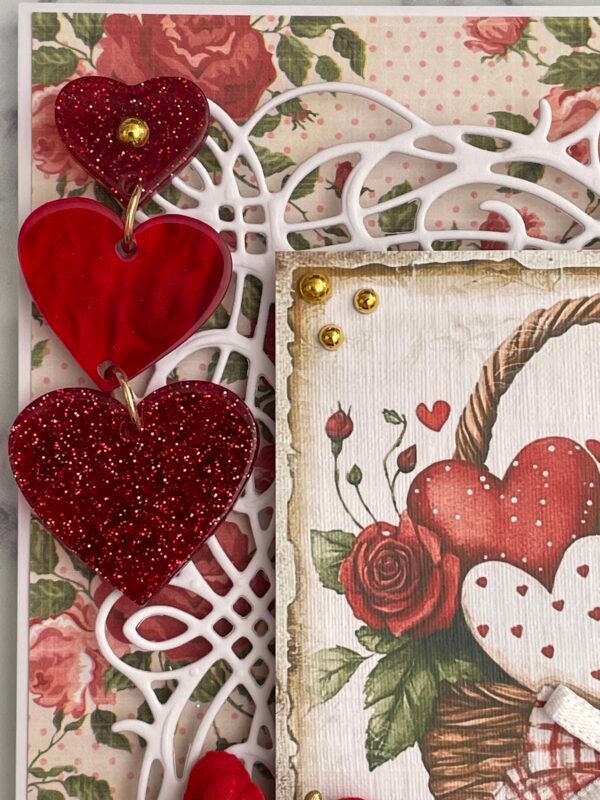 6x6" Luxury 3D Handmade Shabby Card Topper RED - BASKET OF HEARTS - Image 3
