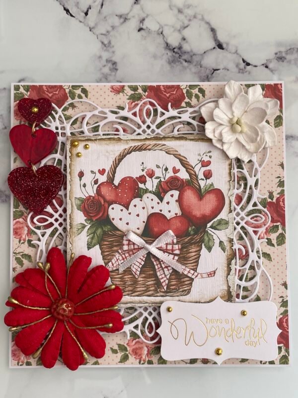 6x6" Luxury 3D Handmade Shabby Card Topper RED - BASKET OF HEARTS - Image 6
