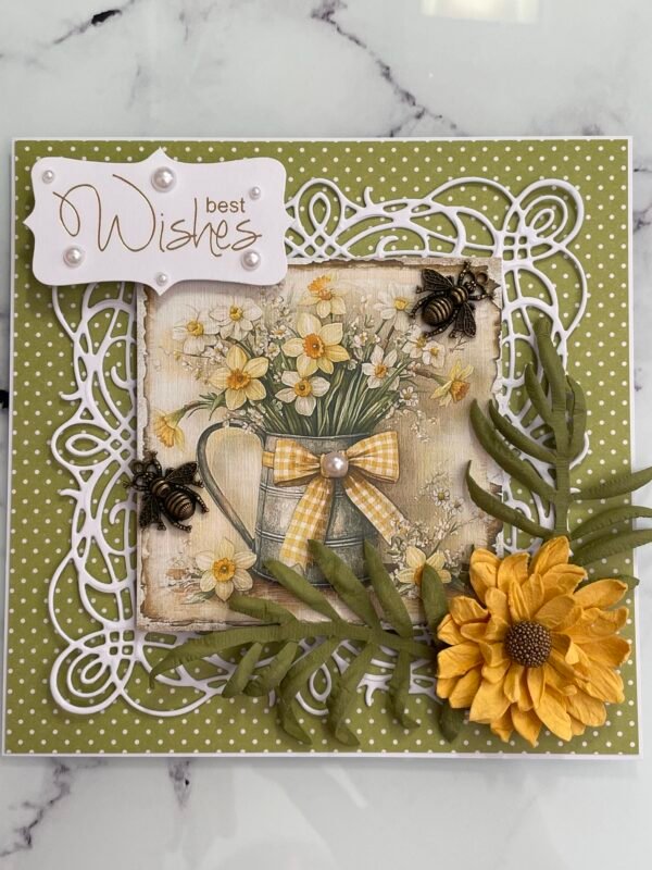 6x6" Luxury Handmade 3D Greeting Card Topper SPRING DAFFODILS BEE'S