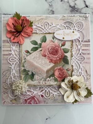 6x6" Vintage Shabby 3D Handmade Card Topper FLORAL ROSE SOAP PEARLS