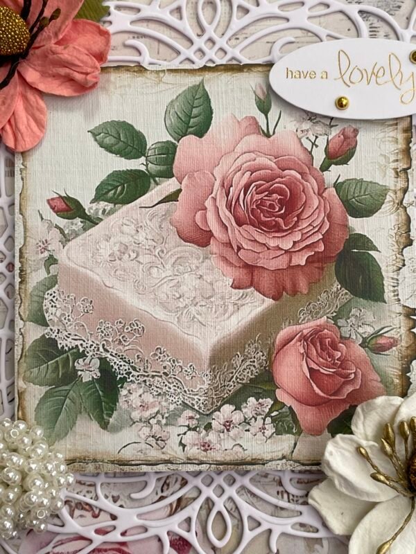 6x6" Vintage Shabby 3D Handmade Card Topper FLORAL ROSE SOAP PEARLS - Image 2
