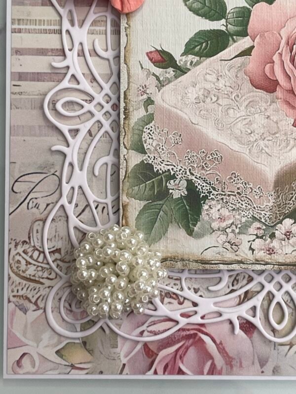 6x6" Vintage Shabby 3D Handmade Card Topper FLORAL ROSE SOAP PEARLS - Image 3