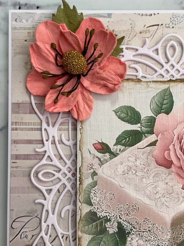 6x6" Vintage Shabby 3D Handmade Card Topper FLORAL ROSE SOAP PEARLS - Image 4