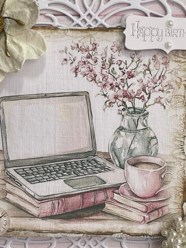 6x6" Luxury 3D Handmade Shabby Card Topper Feminine Flowers Laptop Brew BIRTHDAY - Image 7