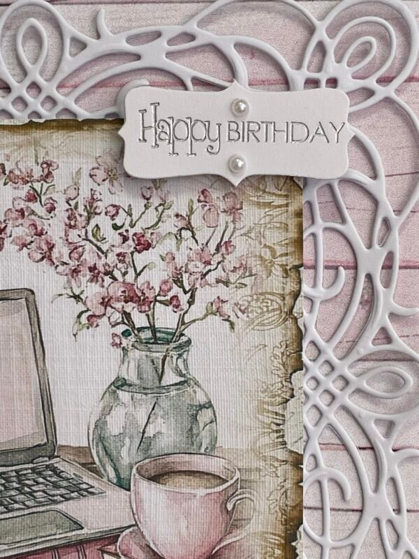 6x6" Luxury 3D Handmade Shabby Card Topper Feminine Flowers Laptop Brew BIRTHDAY - Image 3