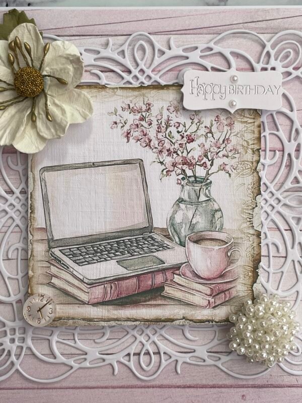 6x6" Luxury 3D Handmade Shabby Card Topper Feminine Flowers Laptop Brew BIRTHDAY - Image 2