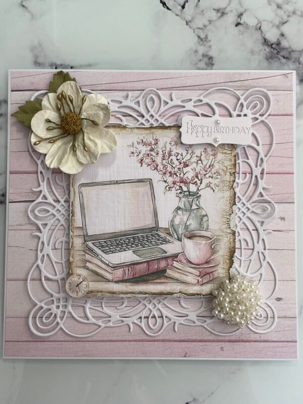 6x6" Luxury 3D Handmade Shabby Card Topper Feminine Flowers Laptop Brew BIRTHDAY