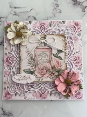 6x6" 3D Shabby Handmade Card Topper VINTAGE PERFUME BOTTLE BIRTHDAY WISHES