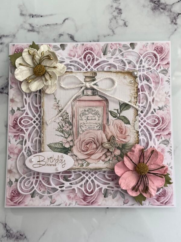 6x6" 3D Shabby Handmade Card Topper VINTAGE PERFUME BOTTLE BIRTHDAY WISHES