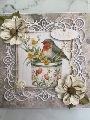 6x6" Luxury 3D Shabby Handmade Card Topper SPRING ROBIN & DAFFODILS