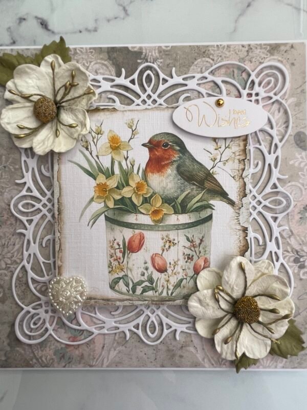 6x6" Luxury 3D Shabby Handmade Card Topper SPRING ROBIN & DAFFODILS