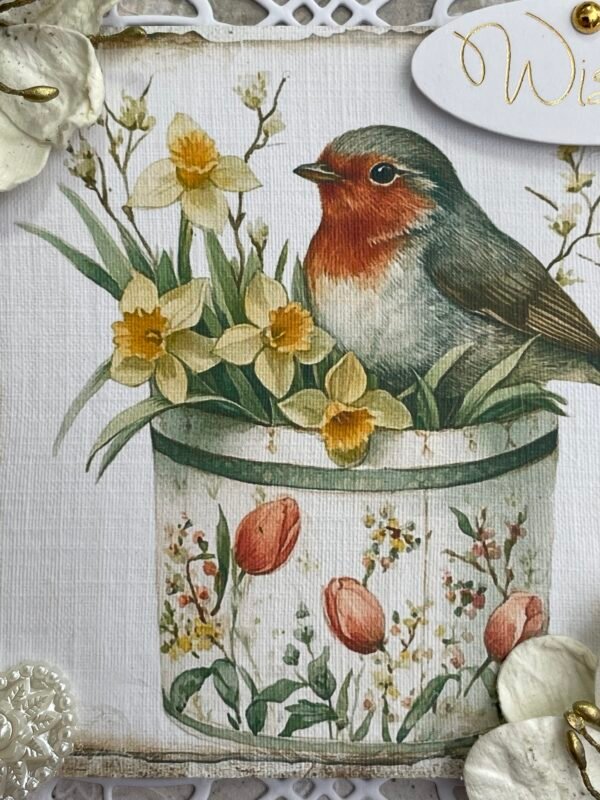 6x6" Luxury 3D Shabby Handmade Card Topper SPRING ROBIN & DAFFODILS - Image 2