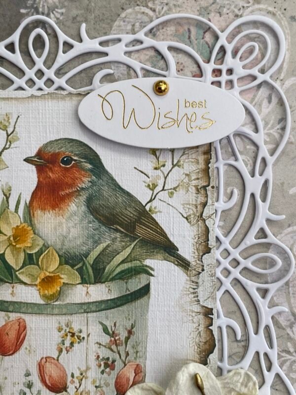 6x6" Luxury 3D Shabby Handmade Card Topper SPRING ROBIN & DAFFODILS - Image 3