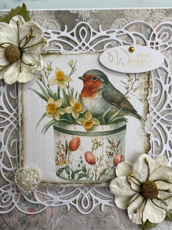 6x6" Luxury 3D Shabby Handmade Card Topper SPRING ROBIN & DAFFODILS - Image 7
