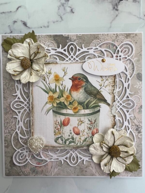 6x6" Luxury 3D Shabby Handmade Card Topper SPRING ROBIN & DAFFODILS - Image 8