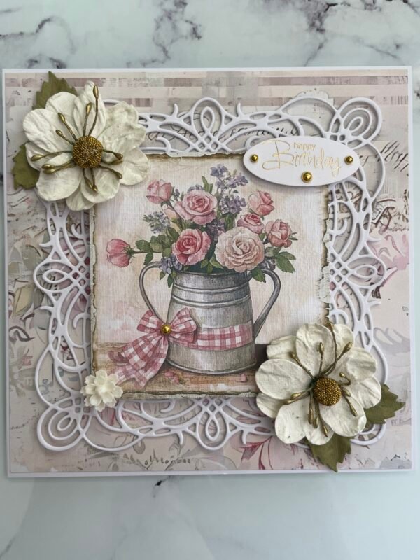 6x6" Luxury 3D Shabby Handmade Birthday Card Topper TIN ROSE BOUQUET - Image 2