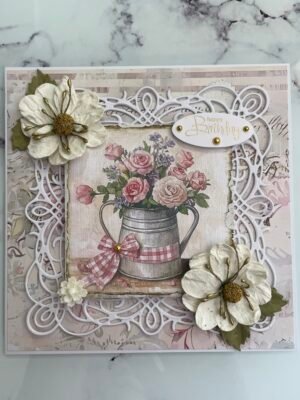 6x6" Luxury 3D Shabby Handmade Birthday Card Topper TIN ROSE BOUQUET