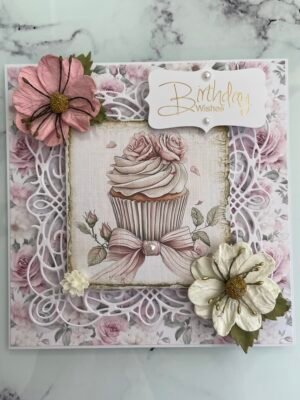6x6" Luxury shabby Chic Handmade Birthday Card Topper PINK ROSE CUPCAKE