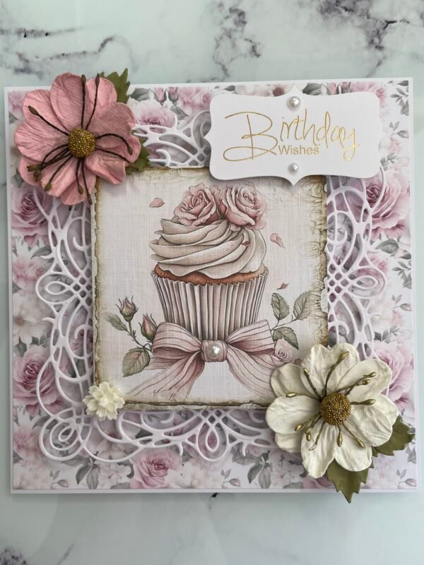 6x6" Luxury shabby Chic Handmade Birthday Card Topper PINK ROSE CUPCAKE - Image 8