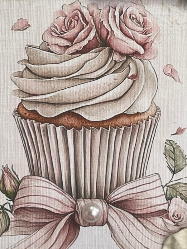 6x6" Luxury shabby Chic Handmade Birthday Card Topper PINK ROSE CUPCAKE - Image 2