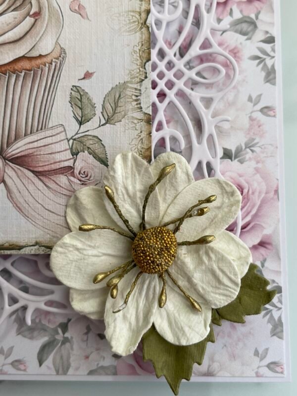 6x6" Luxury shabby Chic Handmade Birthday Card Topper PINK ROSE CUPCAKE - Image 7