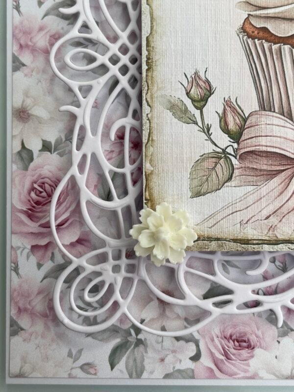 6x6" Luxury shabby Chic Handmade Birthday Card Topper PINK ROSE CUPCAKE - Image 6