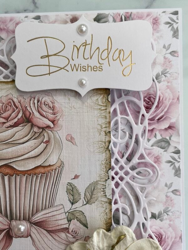 6x6" Luxury shabby Chic Handmade Birthday Card Topper PINK ROSE CUPCAKE - Image 4