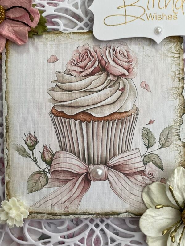 6x6" Luxury shabby Chic Handmade Birthday Card Topper PINK ROSE CUPCAKE - Image 3