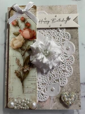 Luxury 3D Shabby Floral Birthday Card - Pearls - Roses. Size A6