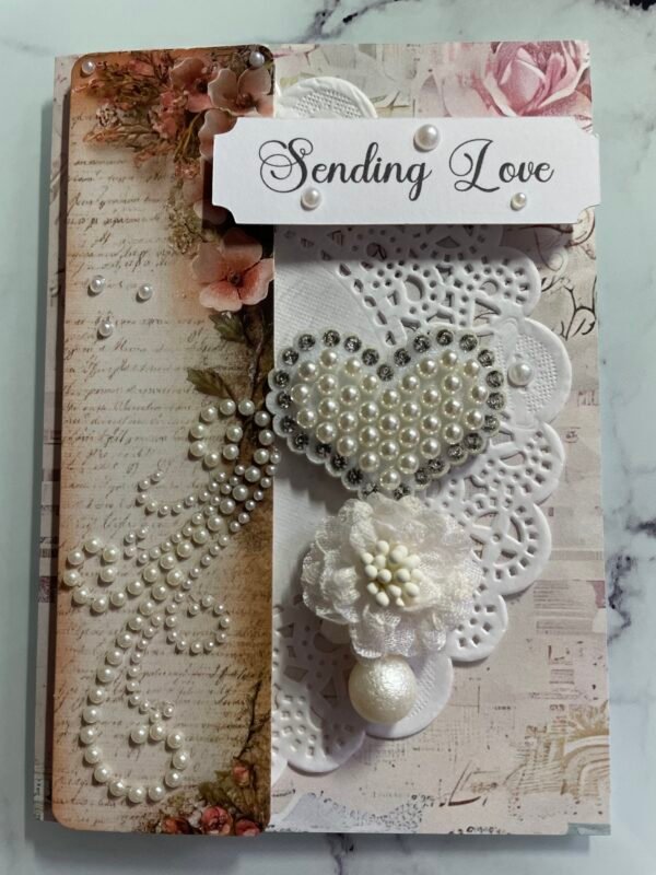 Luxury Shabby Greeting card & Envelope HEART - PEARLS - SENDING LOVE