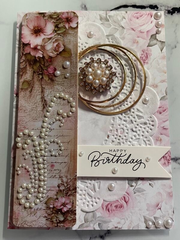 Luxury 3D Handmade Shabby Birthday Card & Envelope. Pearls & Roses. Size A6 - Image 6