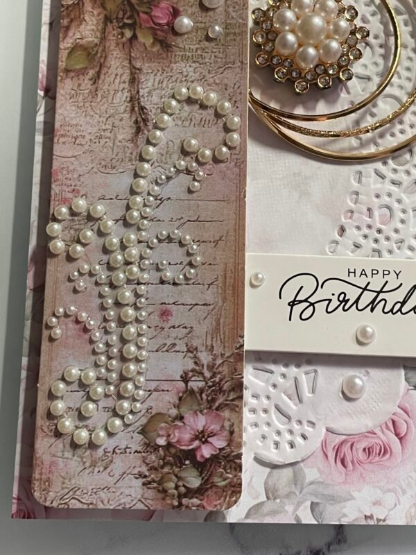 Luxury 3D Handmade Shabby Birthday Card & Envelope. Pearls & Roses. Size A6 - Image 4