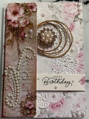 Luxury 3D Handmade Shabby Birthday Card & Envelope. Pearls & Roses. Size A6