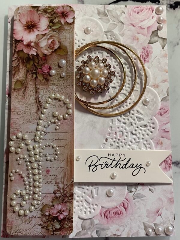 Luxury 3D Handmade Shabby Birthday Card & Envelope. Pearls & Roses. Size A6