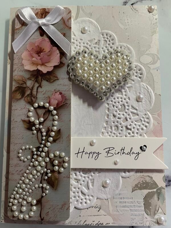 Luxury 3D Shabby Rose and Pearl Birthday Card & Envelope. Size A6
