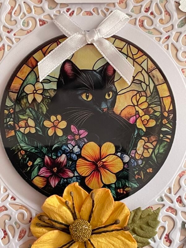 6x6" Luxury Handmade Birthday Card Topper FLORAL BLACK CAT - Image 2