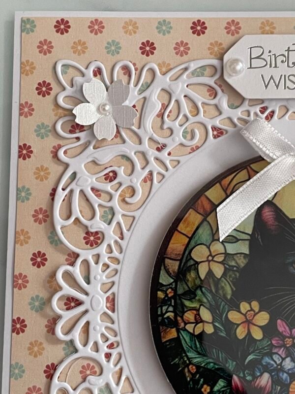 6x6" Luxury Handmade Birthday Card Topper FLORAL BLACK CAT - Image 4