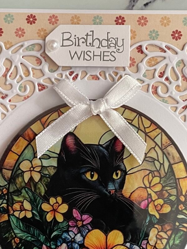 6x6" Luxury Handmade Birthday Card Topper FLORAL BLACK CAT - Image 5