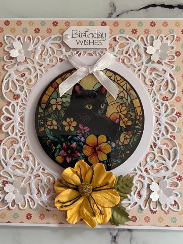 6x6" Luxury Handmade Birthday Card Topper FLORAL BLACK CAT - Image 9