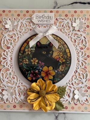 6x6" Luxury Handmade Birthday Card Topper FLORAL BLACK CAT