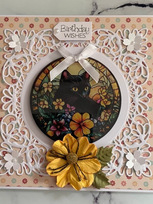 6x6" Luxury Handmade Birthday Card Topper FLORAL BLACK CAT