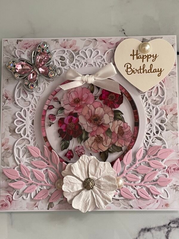 6x6" Luxury 3D Handmade Birthday Card Topper FLORAL PINK & BUTTERFLY - Image 9