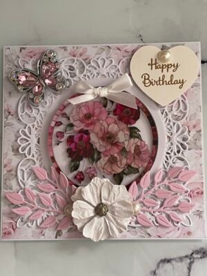 6x6" Luxury 3D Handmade Birthday Card Topper FLORAL PINK & BUTTERFLY