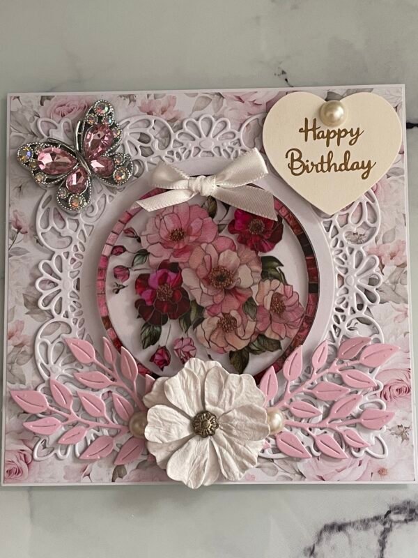 6x6" Luxury 3D Handmade Birthday Card Topper FLORAL PINK & BUTTERFLY
